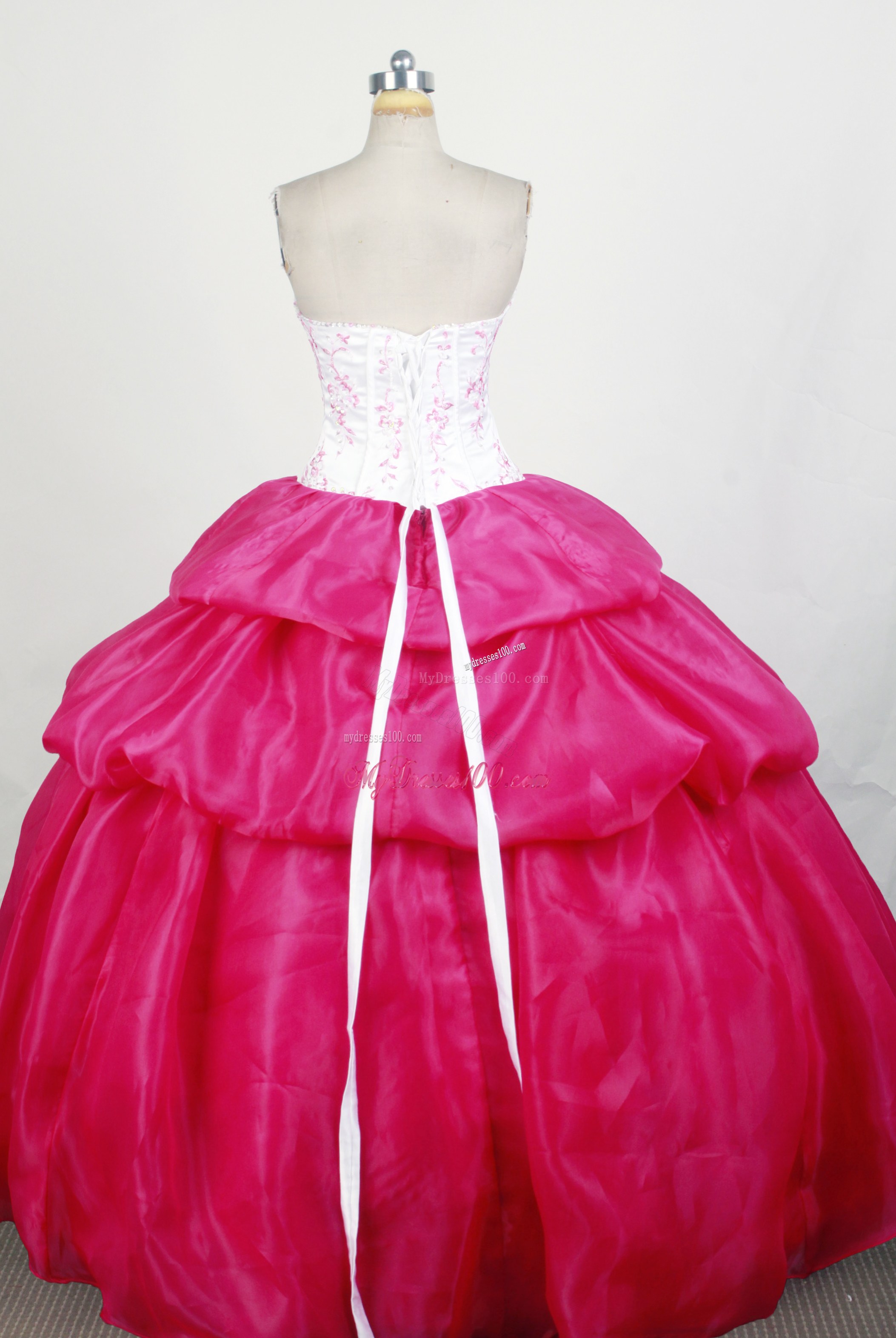 Dress for Sweet 15 with White Beaded Embroidery Bodice and Red Layers Ball Gown