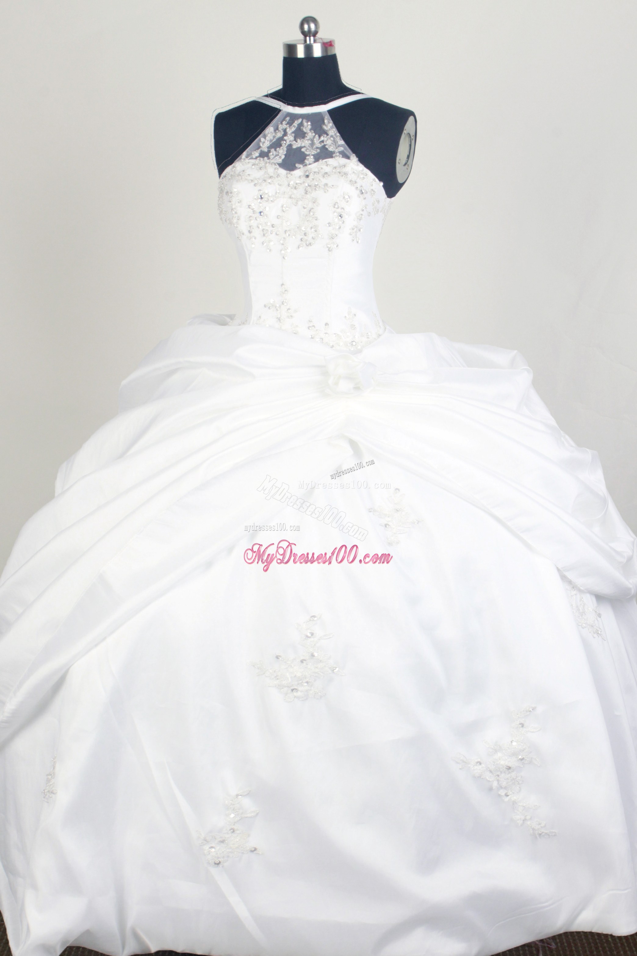 Pretty White Sweet sixteen dresses with Appliques and Transparent Neckline