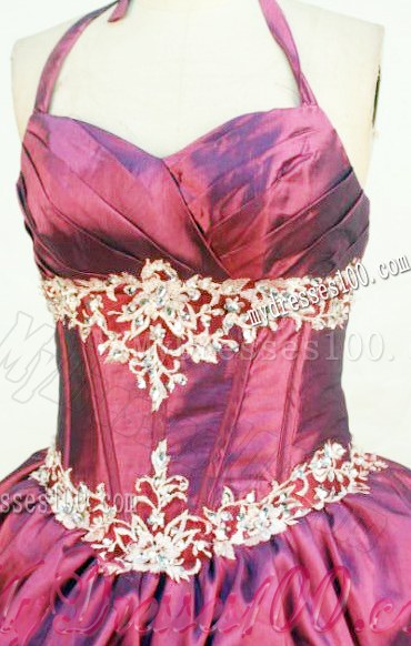 Elegant Halter Top Bodice Pick-ups Quince Dress in Burgundy