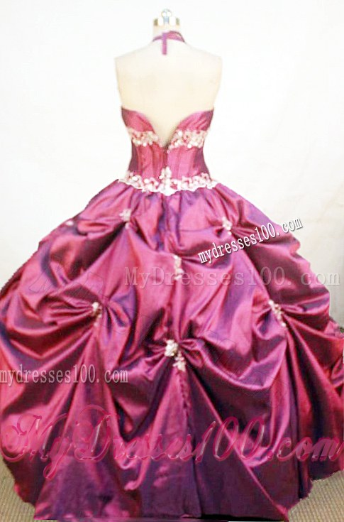 Elegant Halter Top Bodice Pick-ups Quince Dress in Burgundy
