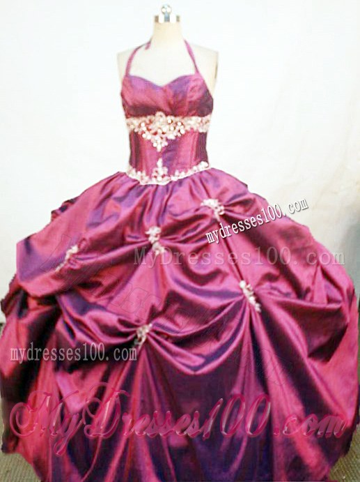 Elegant Halter Top Bodice Pick-ups Quince Dress in Burgundy