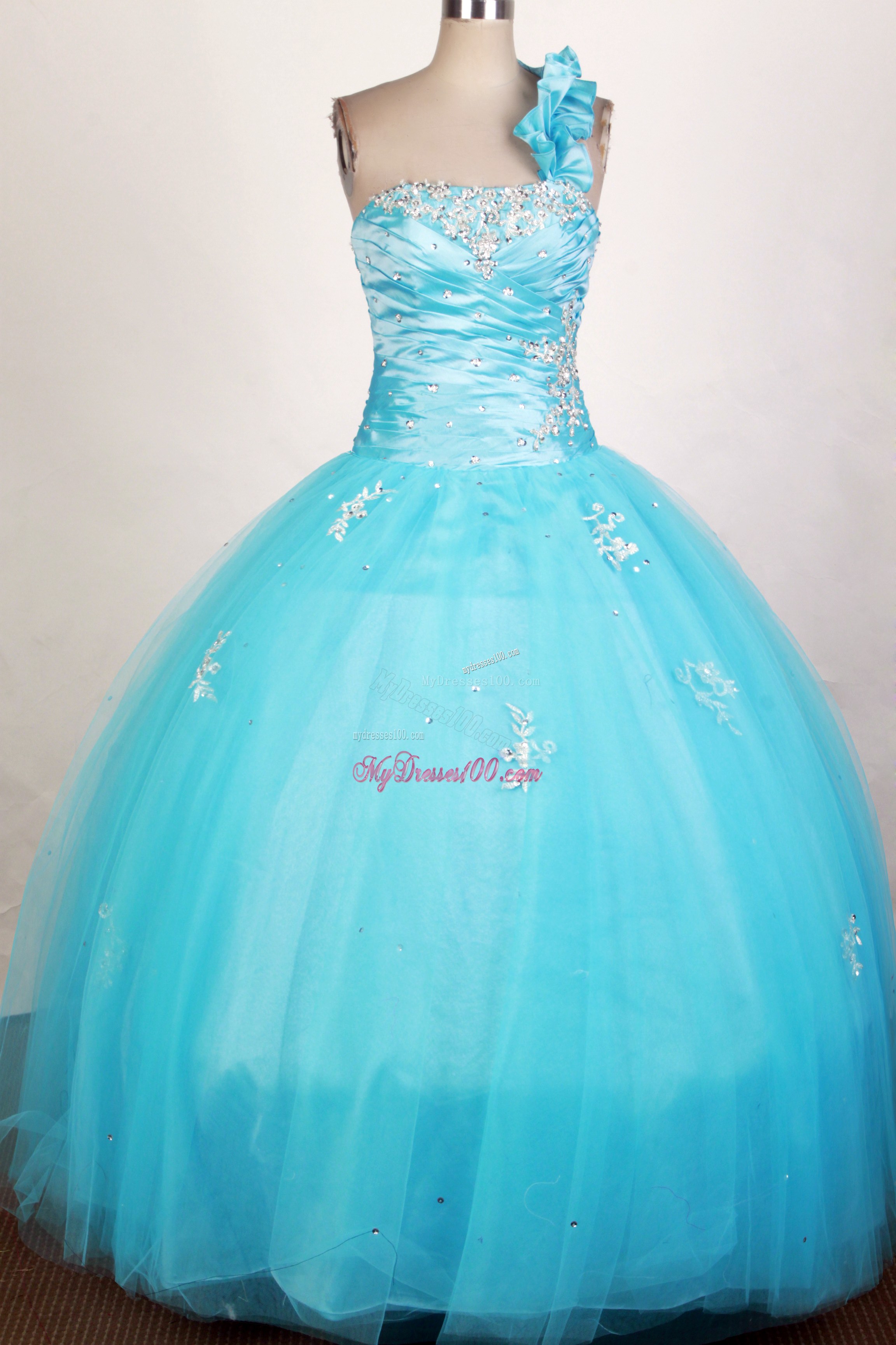 Flowery Single Shoulder Appliqued Aqua Blue Dresses 16