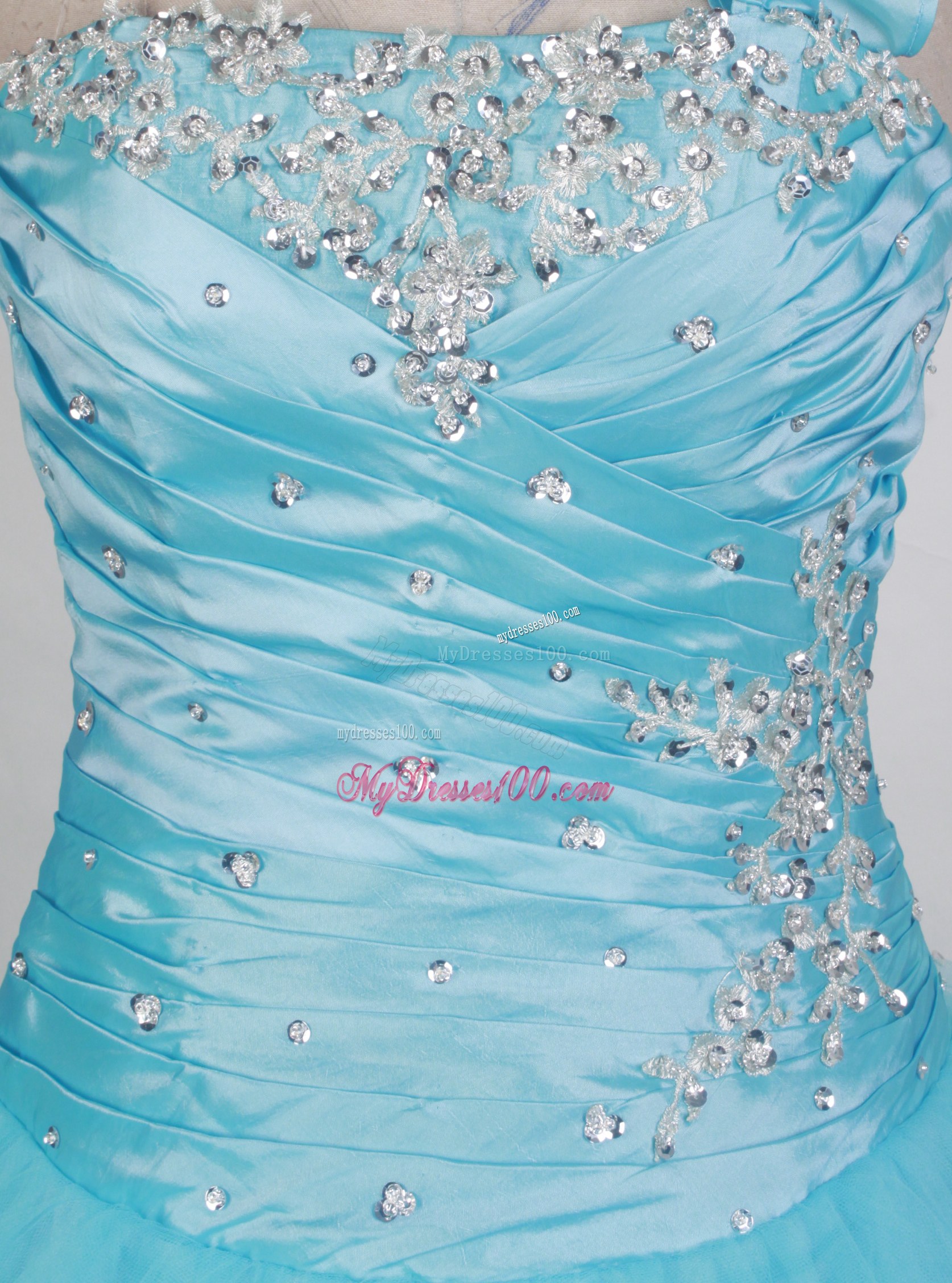Flowery Single Shoulder Appliqued Aqua Blue Dresses 16