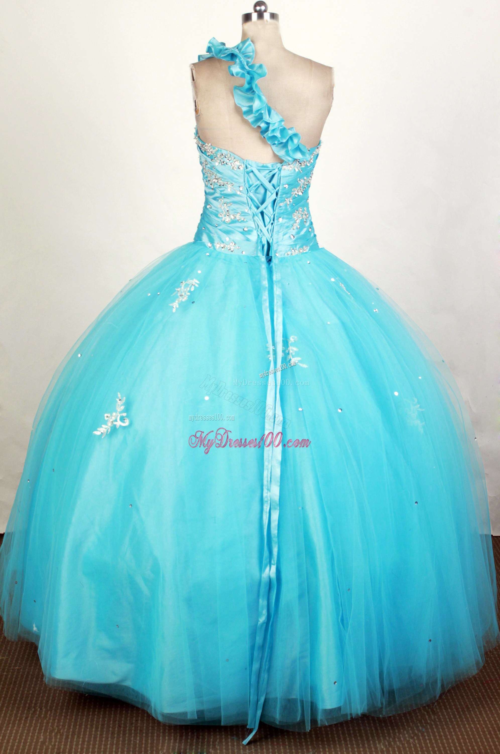 Flowery Single Shoulder Appliqued Aqua Blue Dresses 16