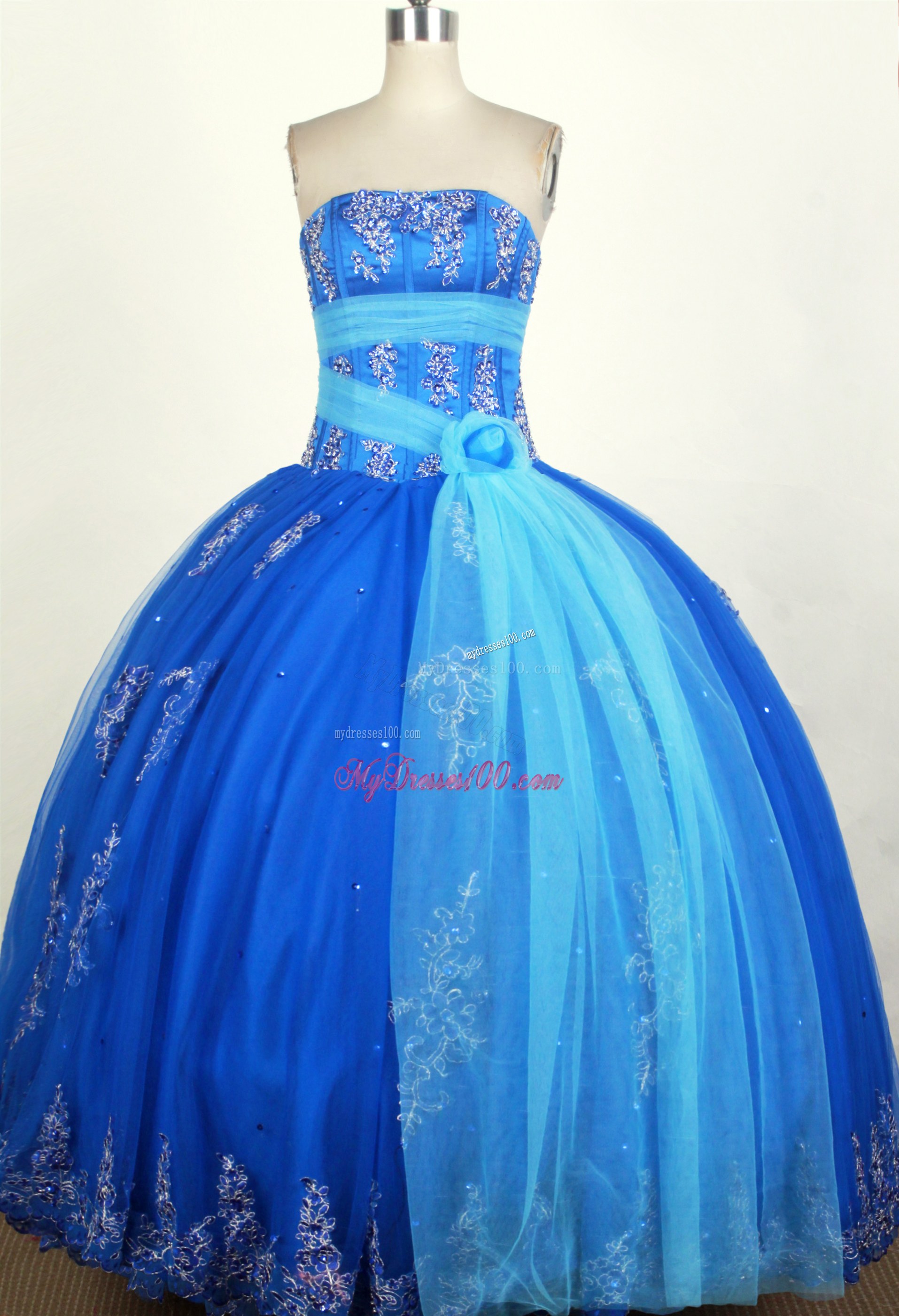 Blue Appliques Dress for Sweet 15 with Tulle Hand Made Flowers Sash