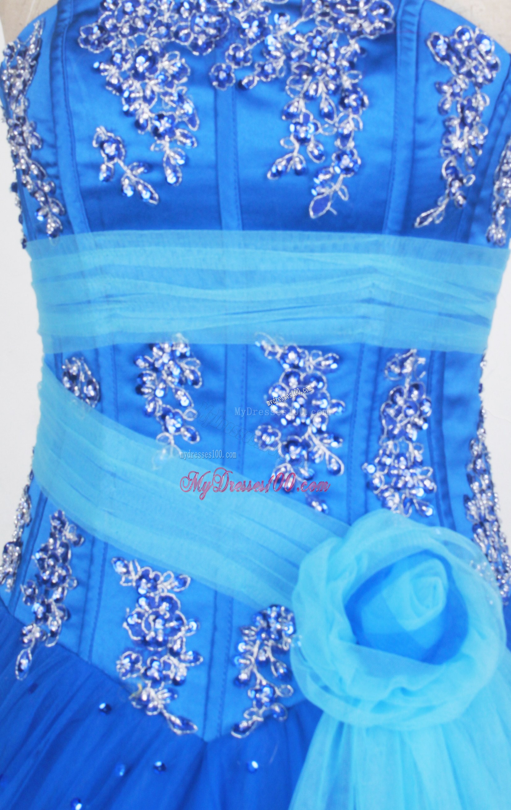 Blue Appliques Dress for Sweet 15 with Tulle Hand Made Flowers Sash
