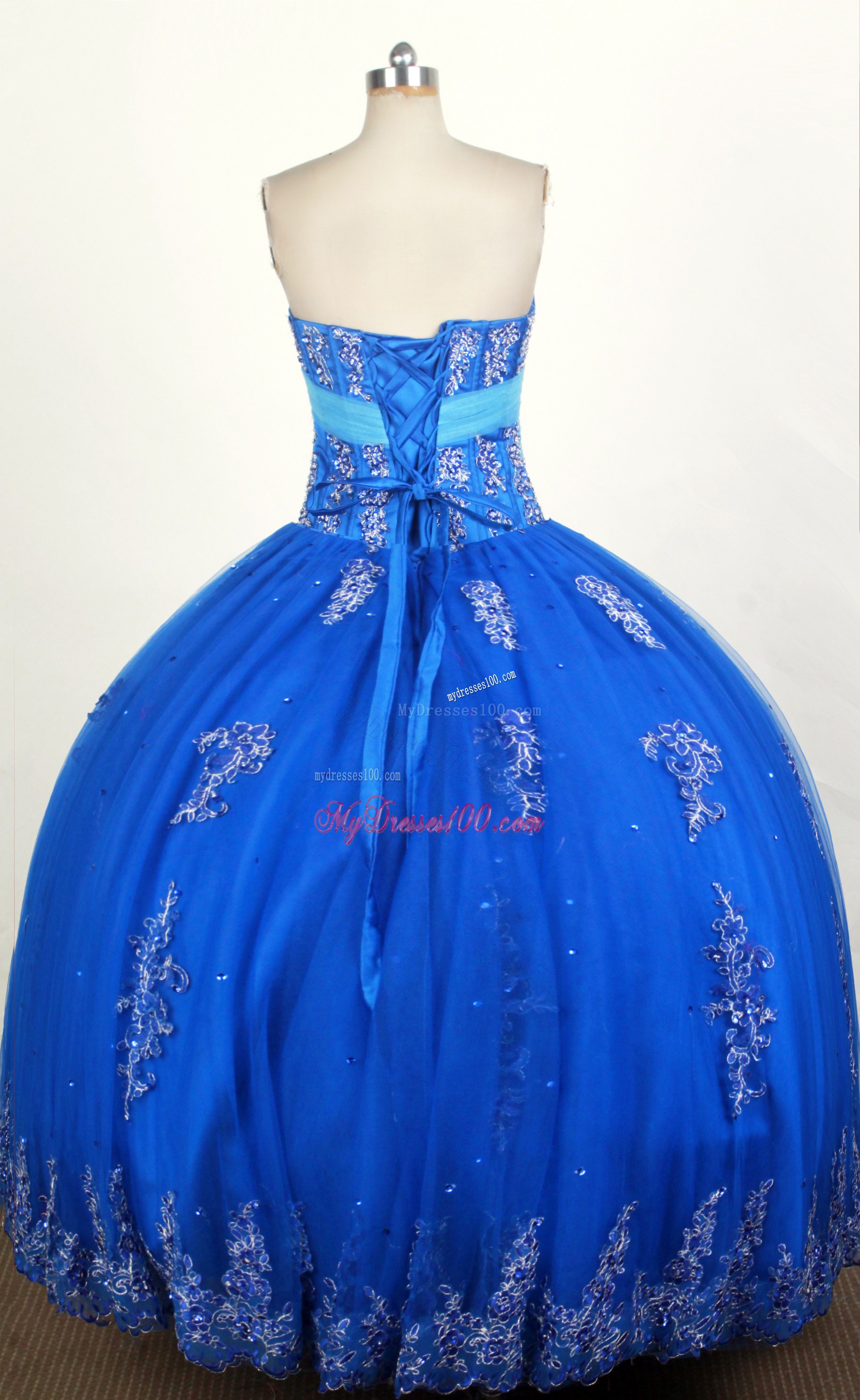 Blue Appliques Dress for Sweet 15 with Tulle Hand Made Flowers Sash