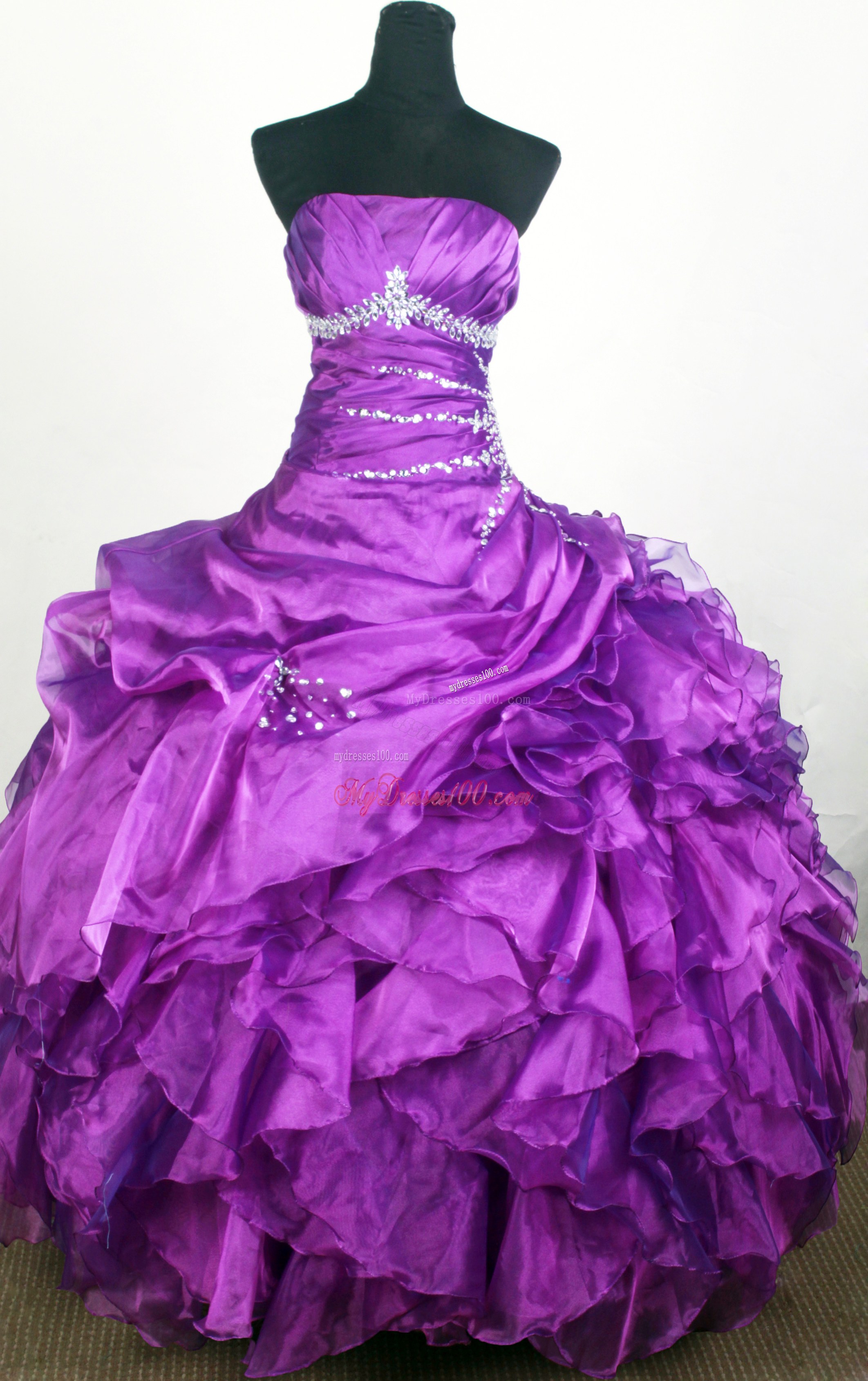 Beaded and Ruffled Dress for Quinceanera in Eggplant Purple