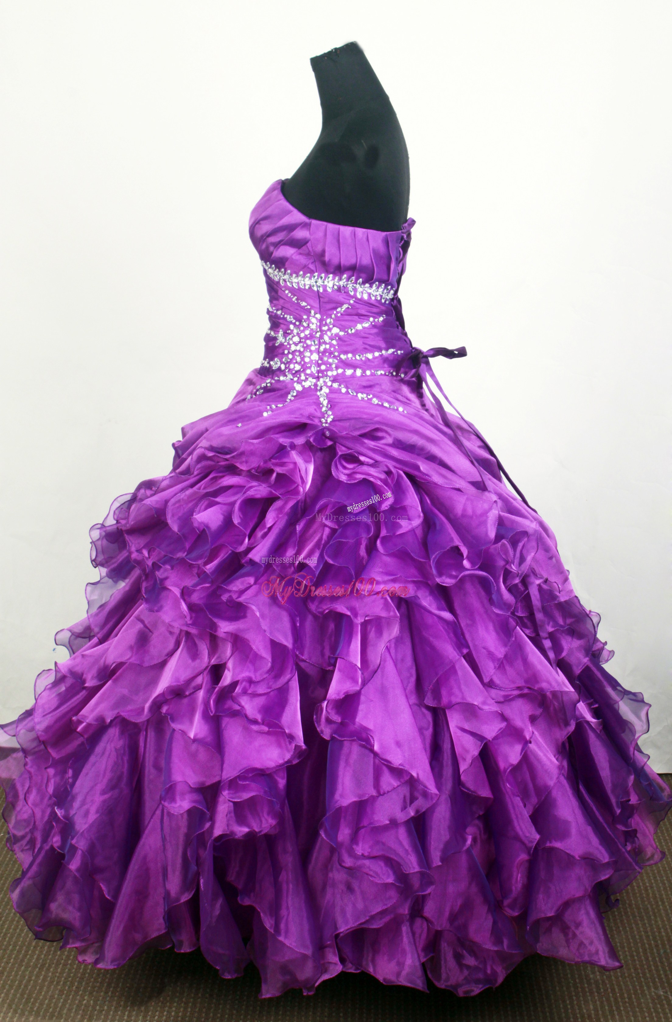 Beaded and Ruffled Dress for Quinceanera in Eggplant Purple