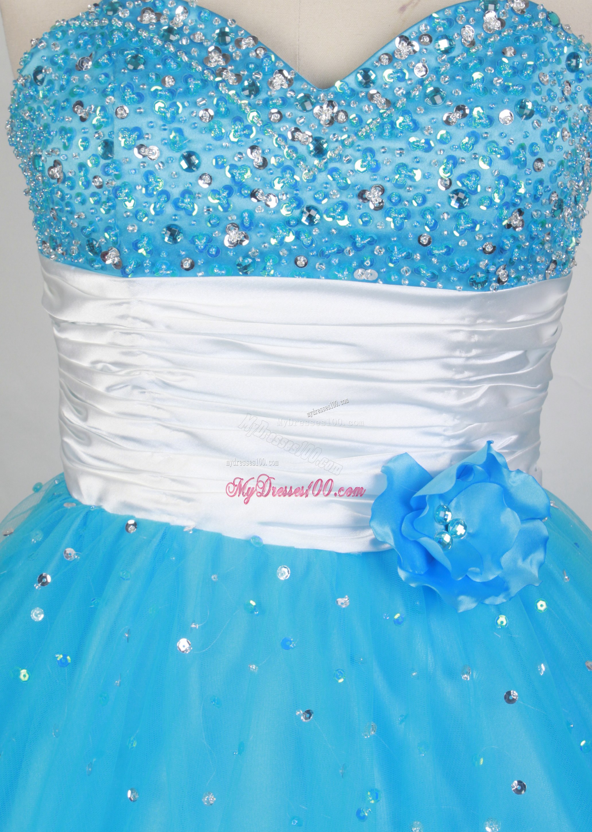 Beading Sweetheart Handle Flowers Ball Gown Sweet 16 Dresses with Satin Sash