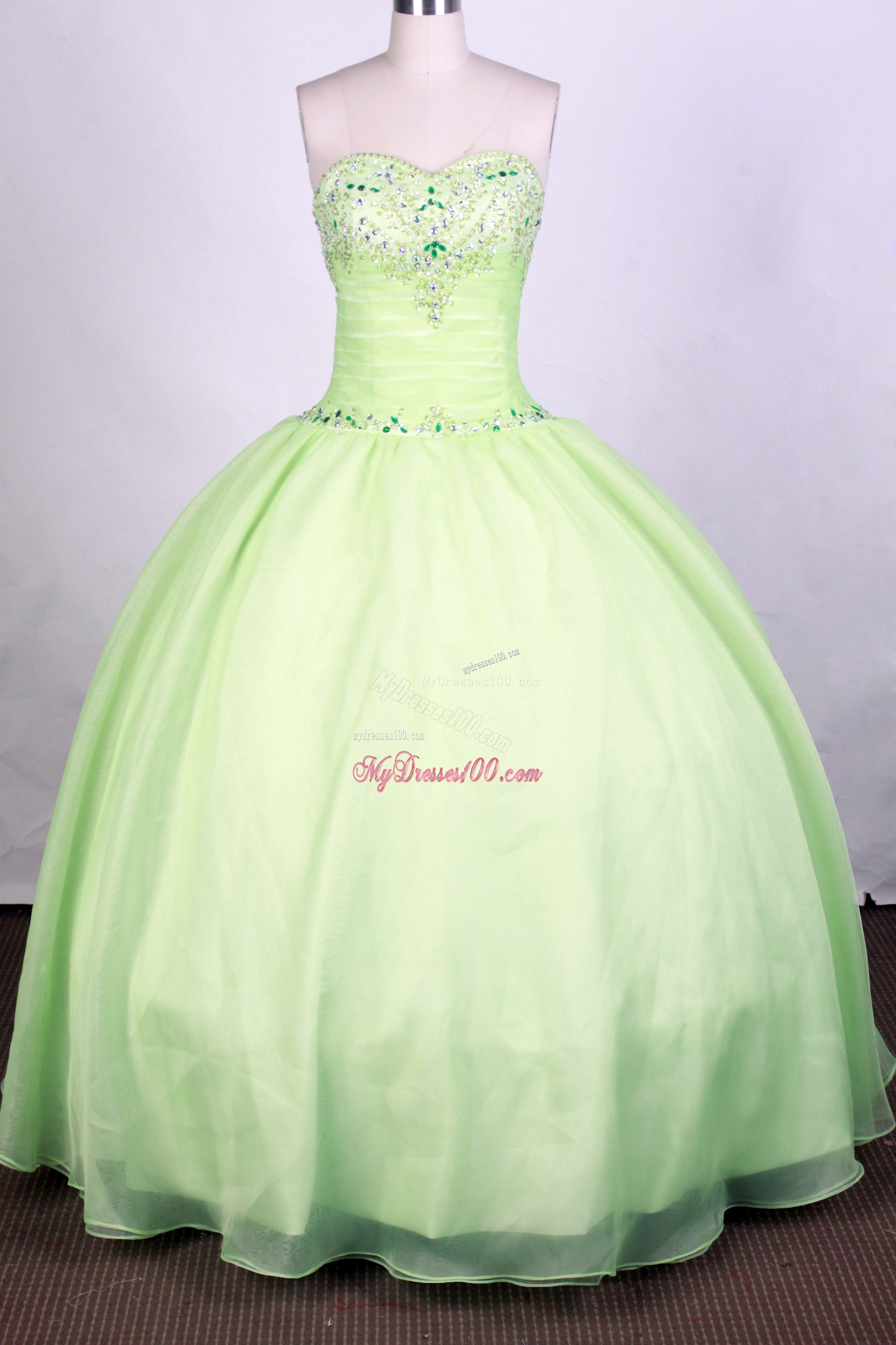 Ruching Appliques Dress for Sweet 15 with Colored Diamonds in Apple Green