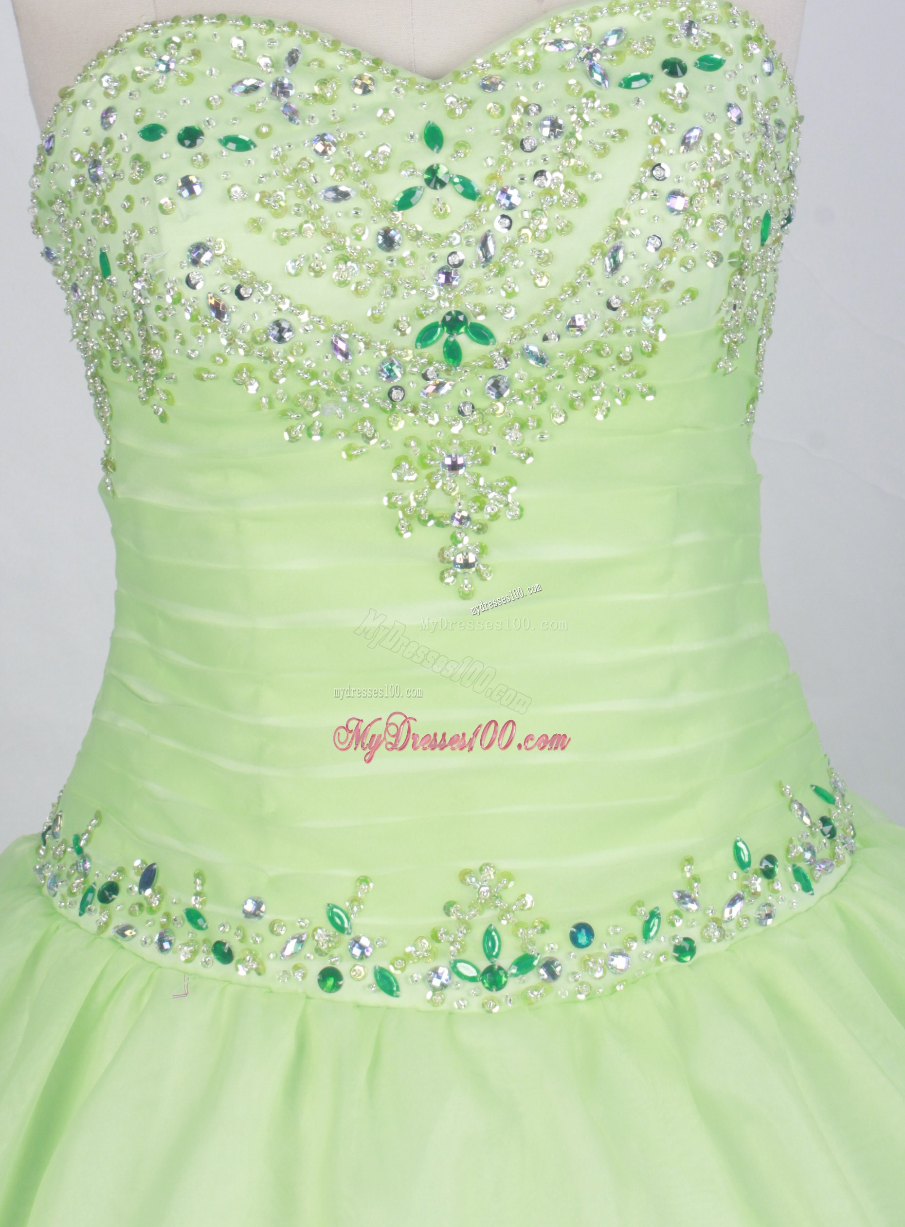 Ruching Appliques Dress for Sweet 15 with Colored Diamonds in Apple Green