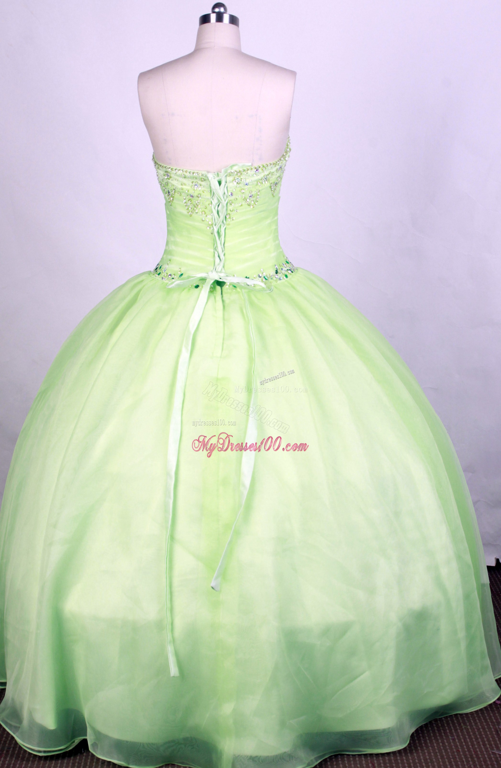 Ruching Appliques Dress for Sweet 15 with Colored Diamonds in Apple Green