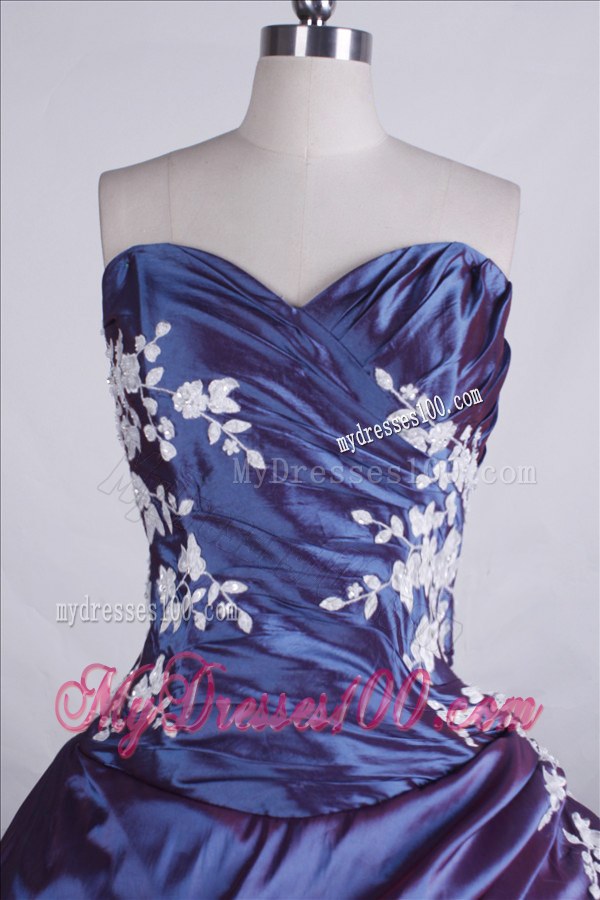 Sweetheart Appliques and Ruches Decorate Indigo Dresses 16
