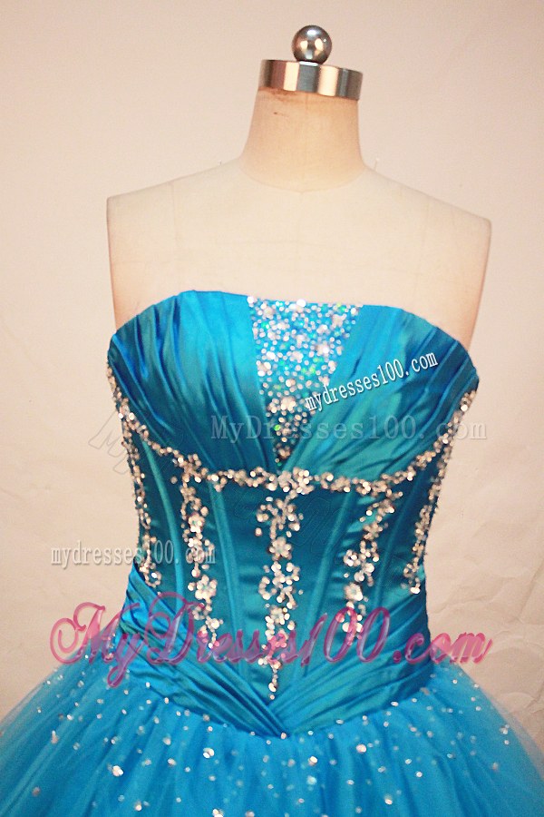 Beaded and Ruched Teal Tulle Sweet 16 Qunceanera Dress