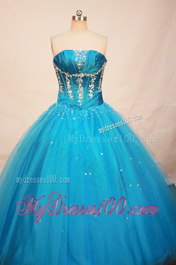 Beaded and Ruched Teal Tulle Sweet 16 Qunceanera Dress