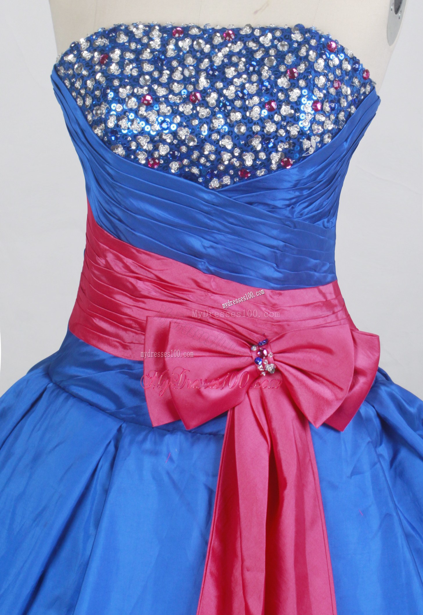 Beaded Royal Blue Dresses16 with Hot Pink Bowknot Sash
