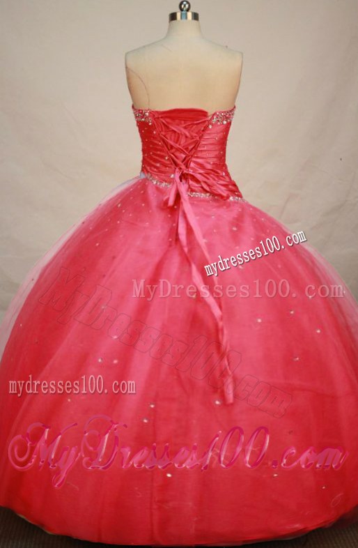 Strapless Tulle Red Beading Quinceanera Dress with Ruches