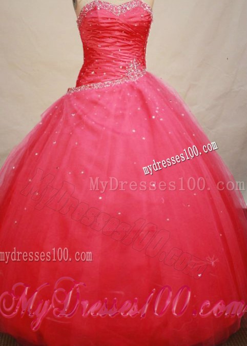 Strapless Tulle Red Beading Quinceanera Dress with Ruches