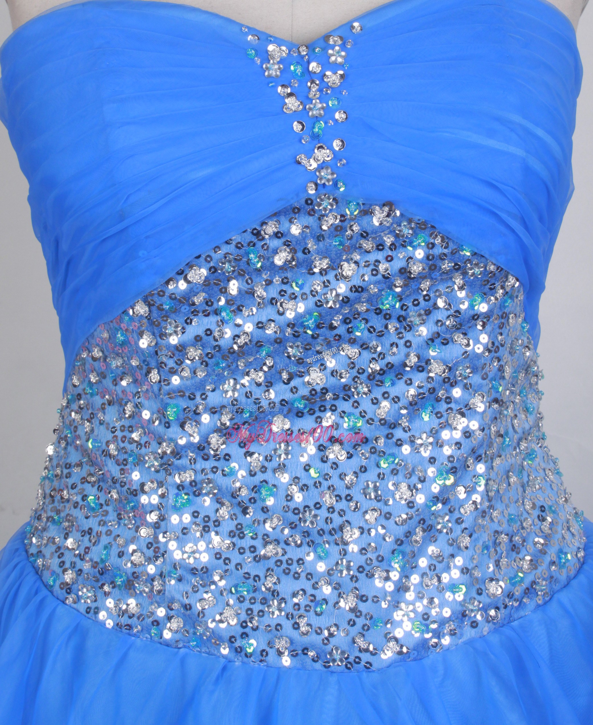 Blue Ruching Sweetheart Dress for Sweet 15 with Pretty Beaded Waist
