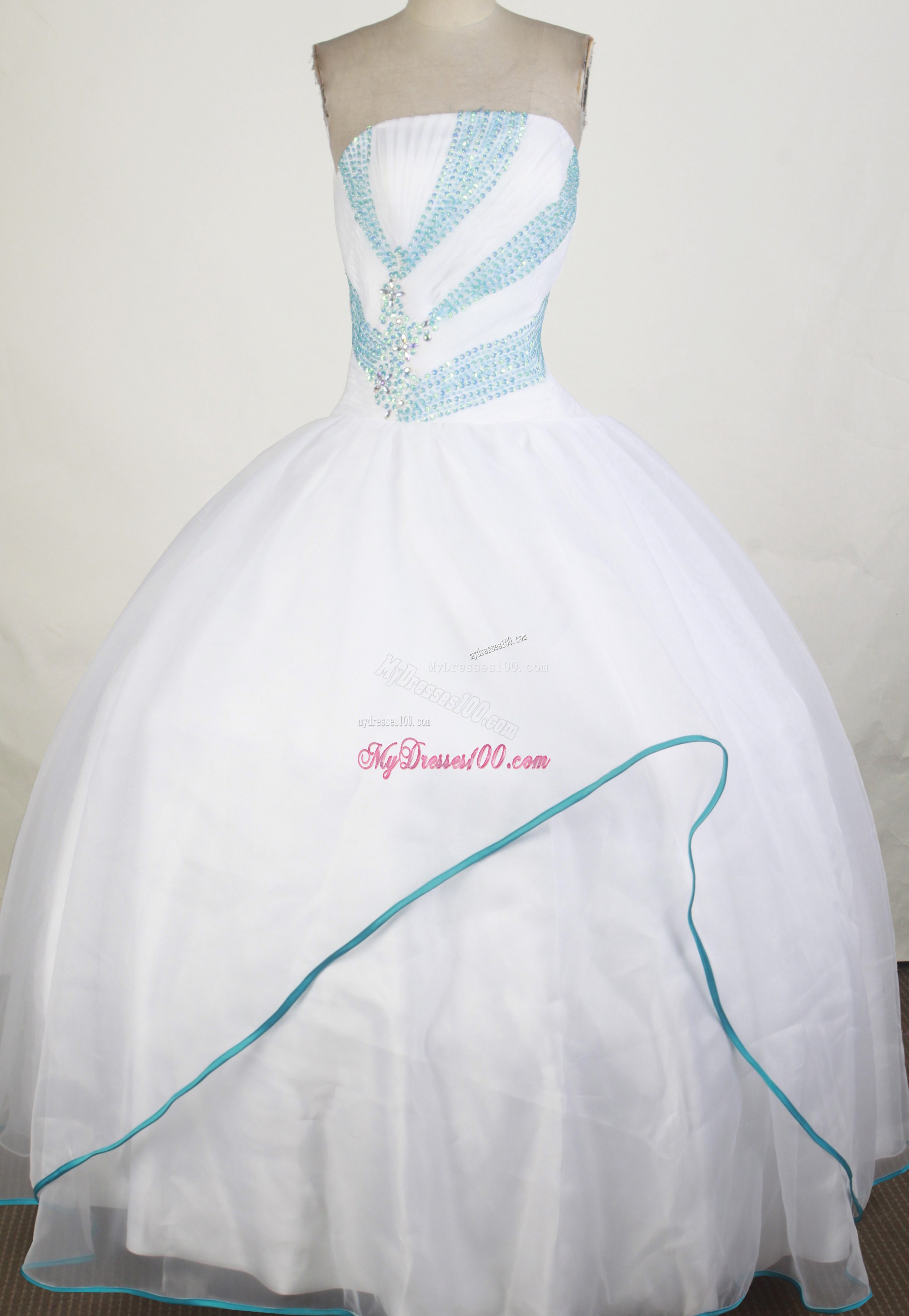 White Ruching Sweet sixteen dresses Decorated by Blue Beadings and Edge