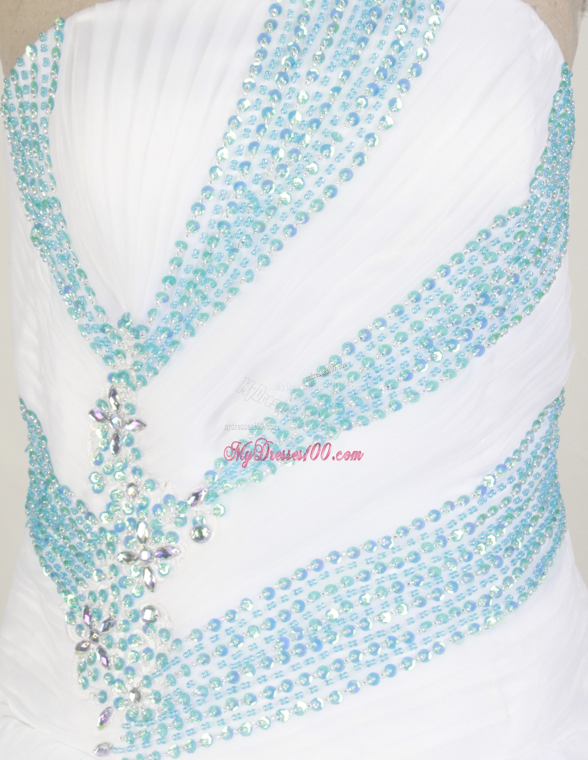 White Ruching Sweet sixteen dresses Decorated by Blue Beadings and Edge