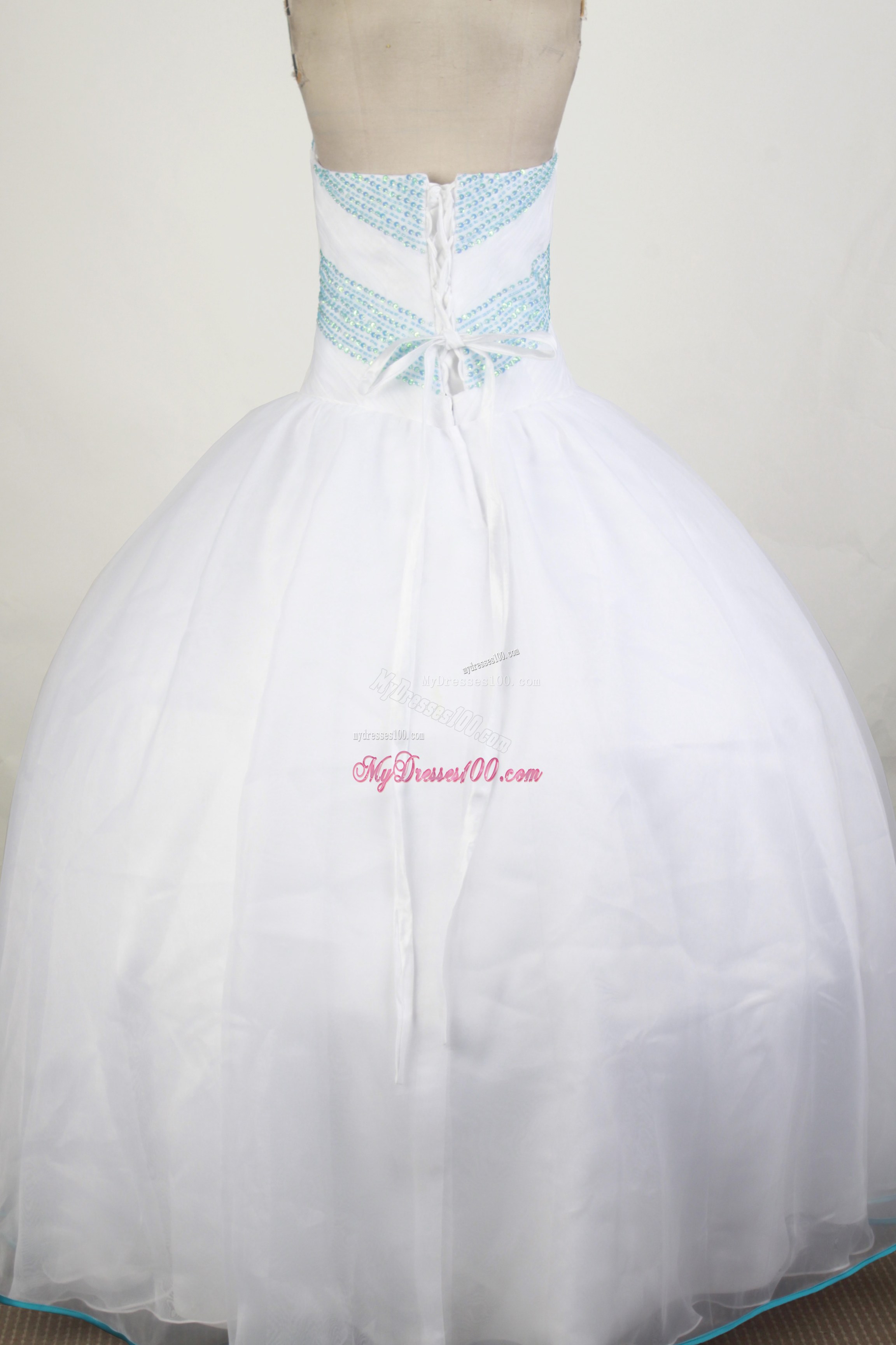 White Ruching Sweet sixteen dresses Decorated by Blue Beadings and Edge
