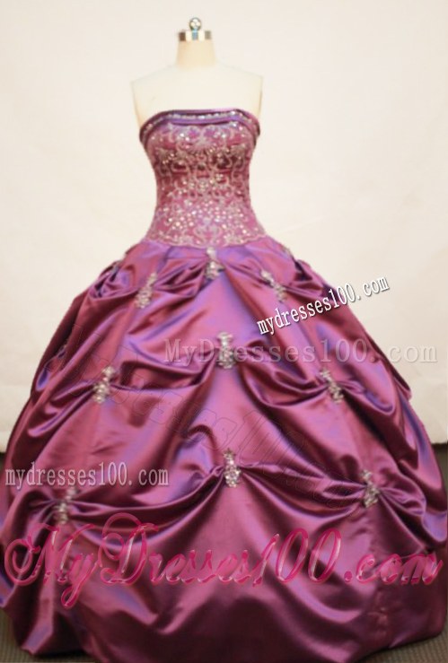 Pretty Strapless Taffeta Purple Quinceanera Dress with Appliques