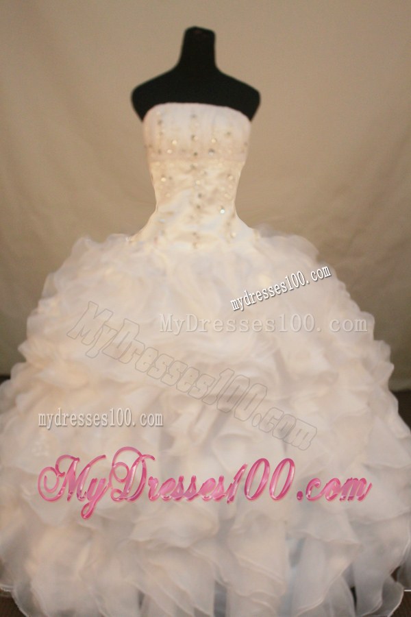 Ruffled White Quinceanera Dress with Diamond and Beads