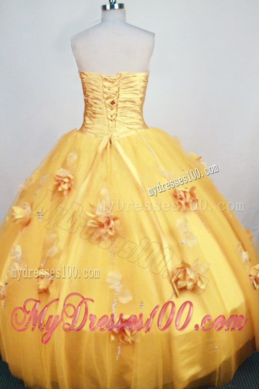 Romantic Ruched Golden Sweetheart Yellow Hand Flower Quince Dresses