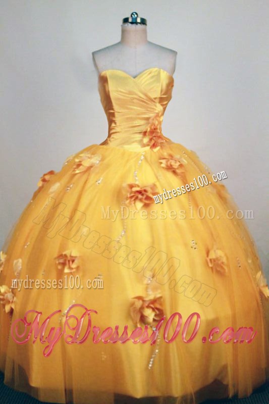 Romantic Ruched Golden Sweetheart Yellow Hand Flower Quince Dresses