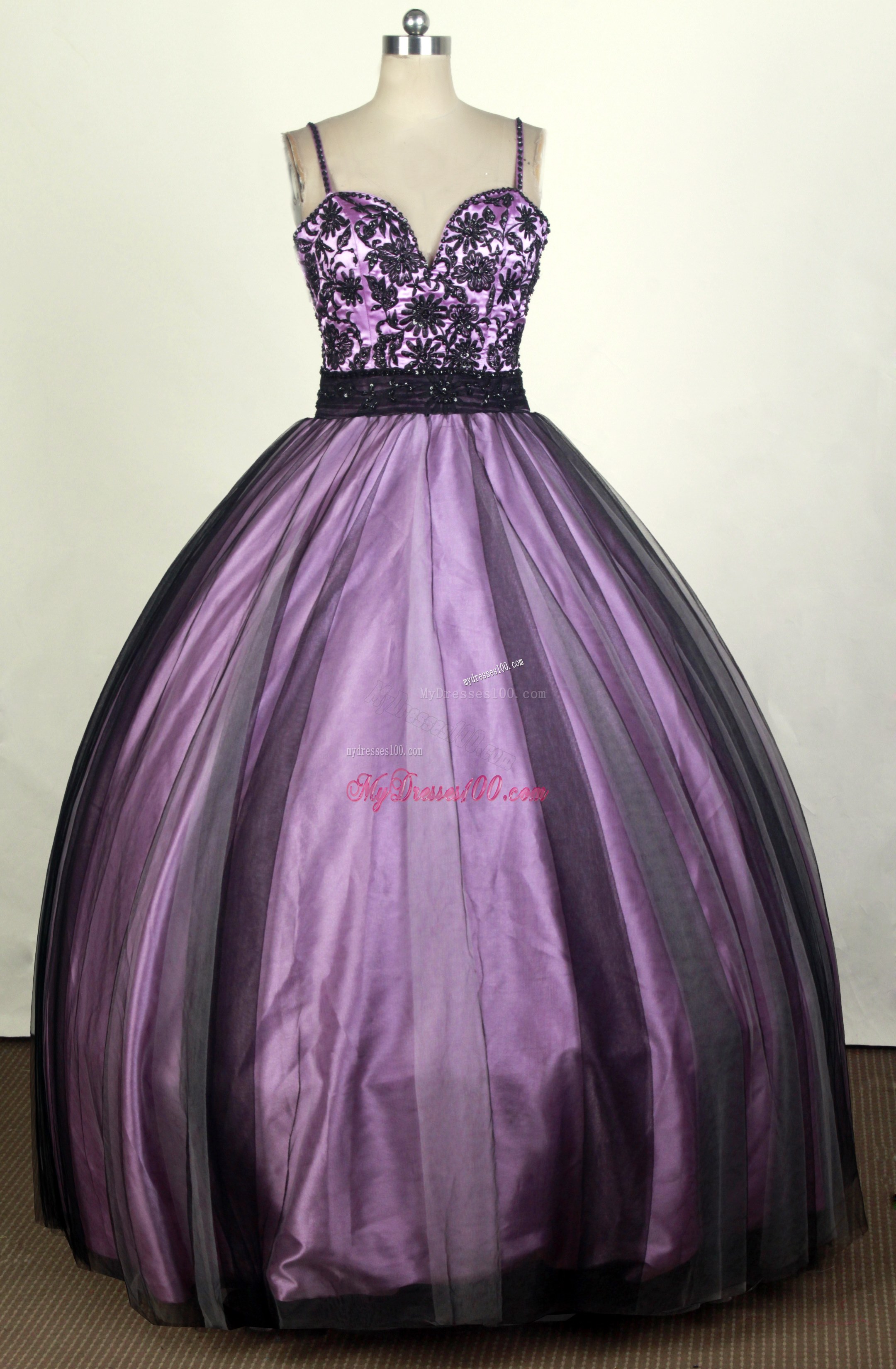 Straps Embroidered Lavender and Black Quinceanera Gowns