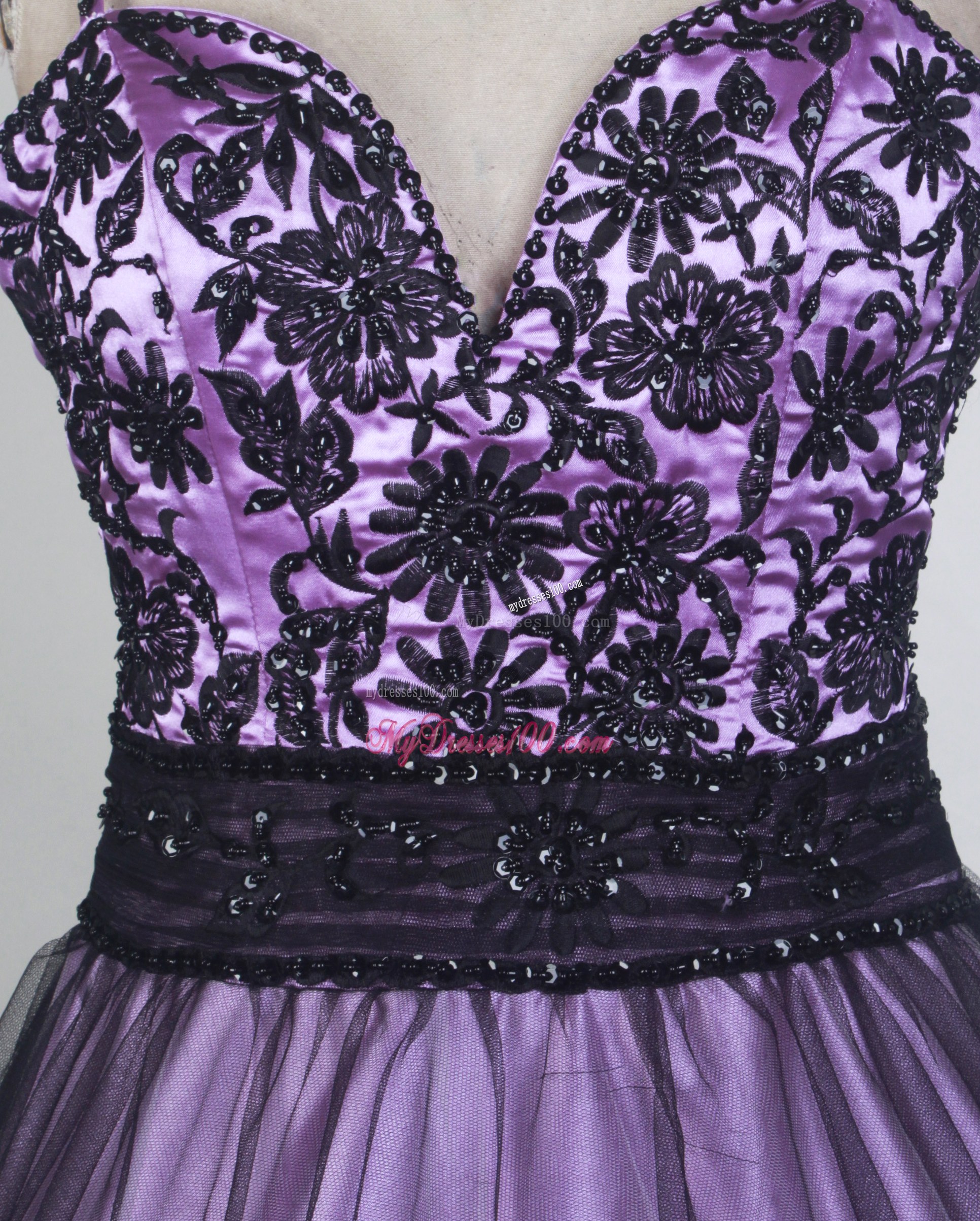 Straps Embroidered Lavender and Black Quinceanera Gowns
