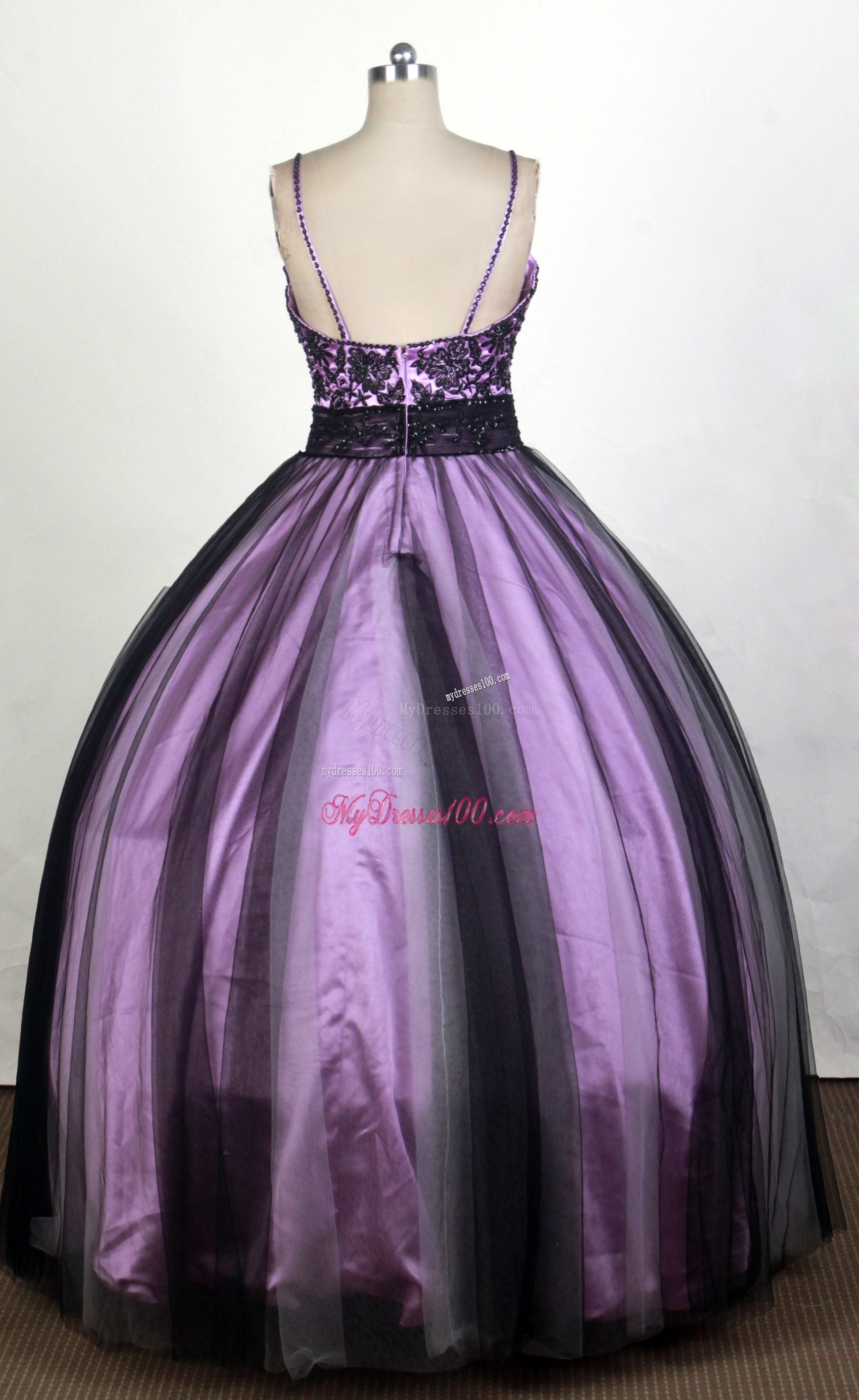Straps Embroidered Lavender and Black Quinceanera Gowns