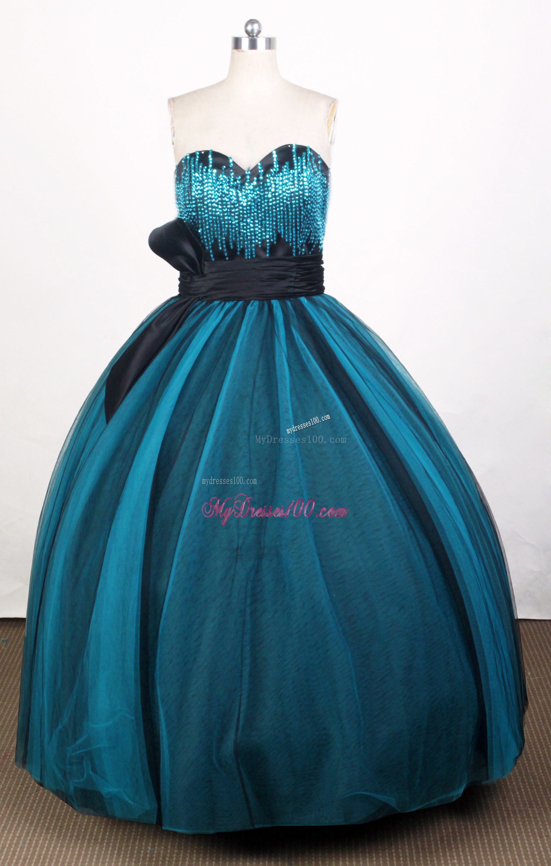 Beading and Sash Accent Teal and Black Quinceanera Gown