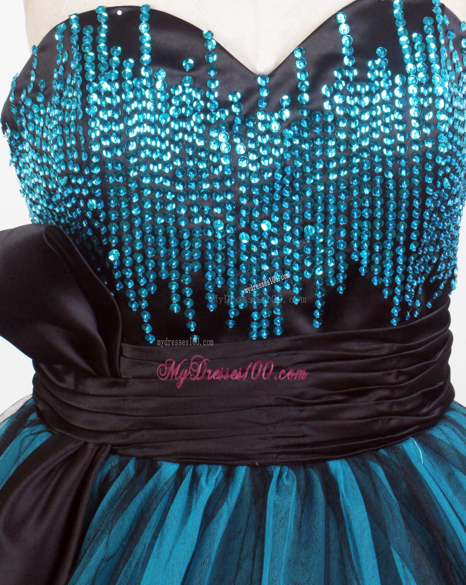 Beading and Sash Accent Teal and Black Quinceanera Gown