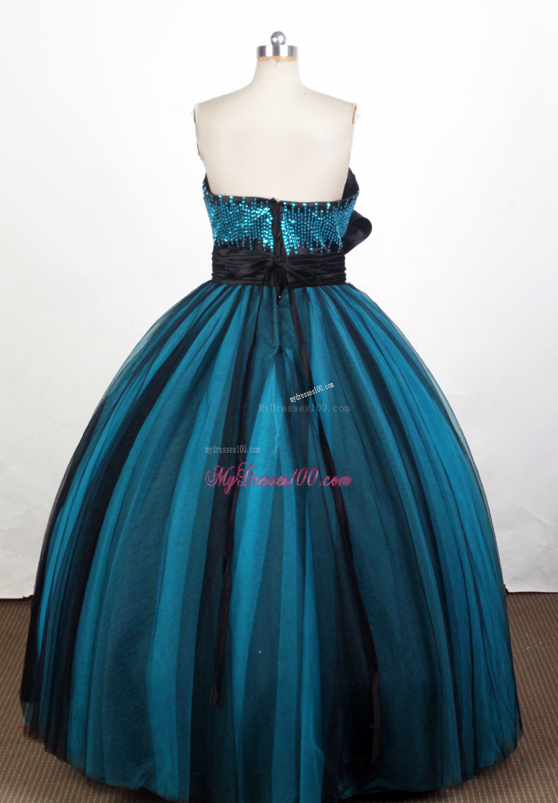 Beading and Sash Accent Teal and Black Quinceanera Gown