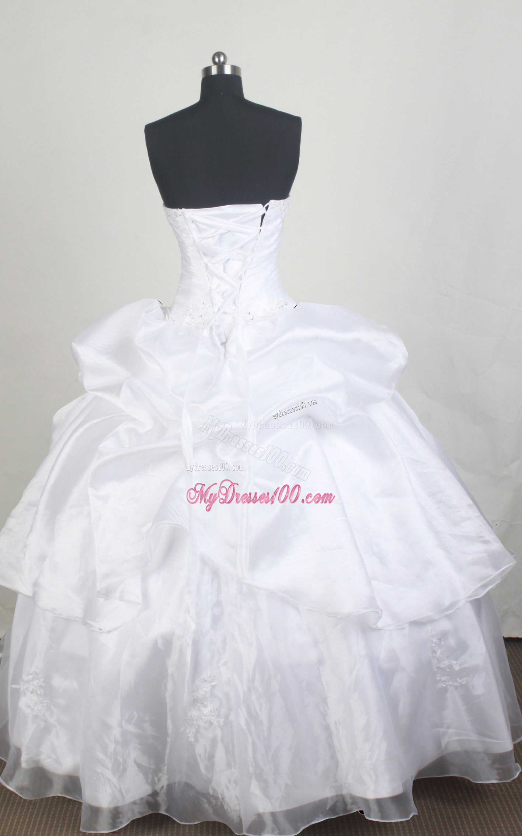 White Organza Quinceanera Dress with Pick-ups and Appliques