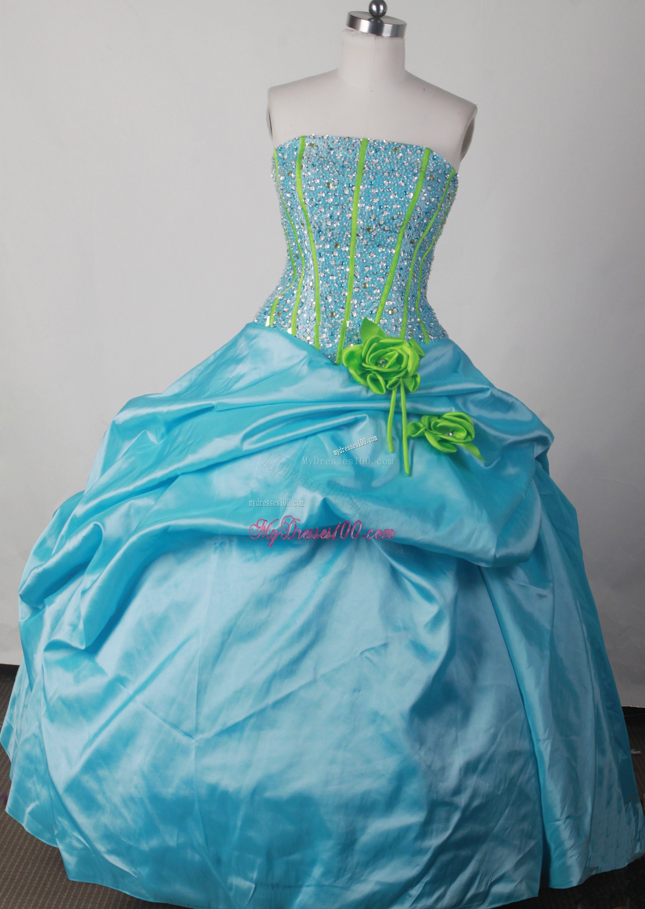 Handle-made Flowers Corset Back Blue Quinceanera Dresses Pick-ups