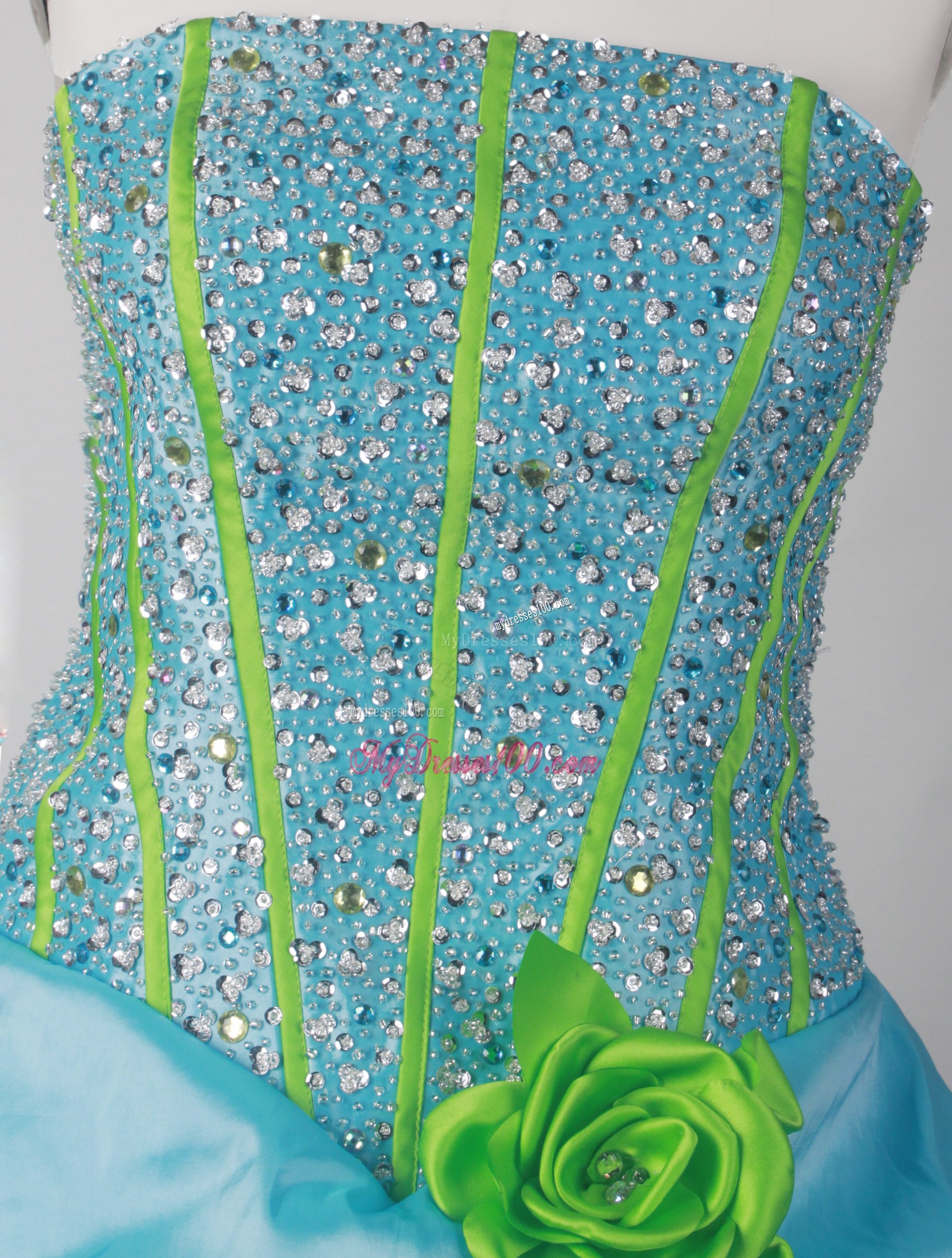 Handle-made Flowers Corset Back Blue Quinceanera Dresses Pick-ups
