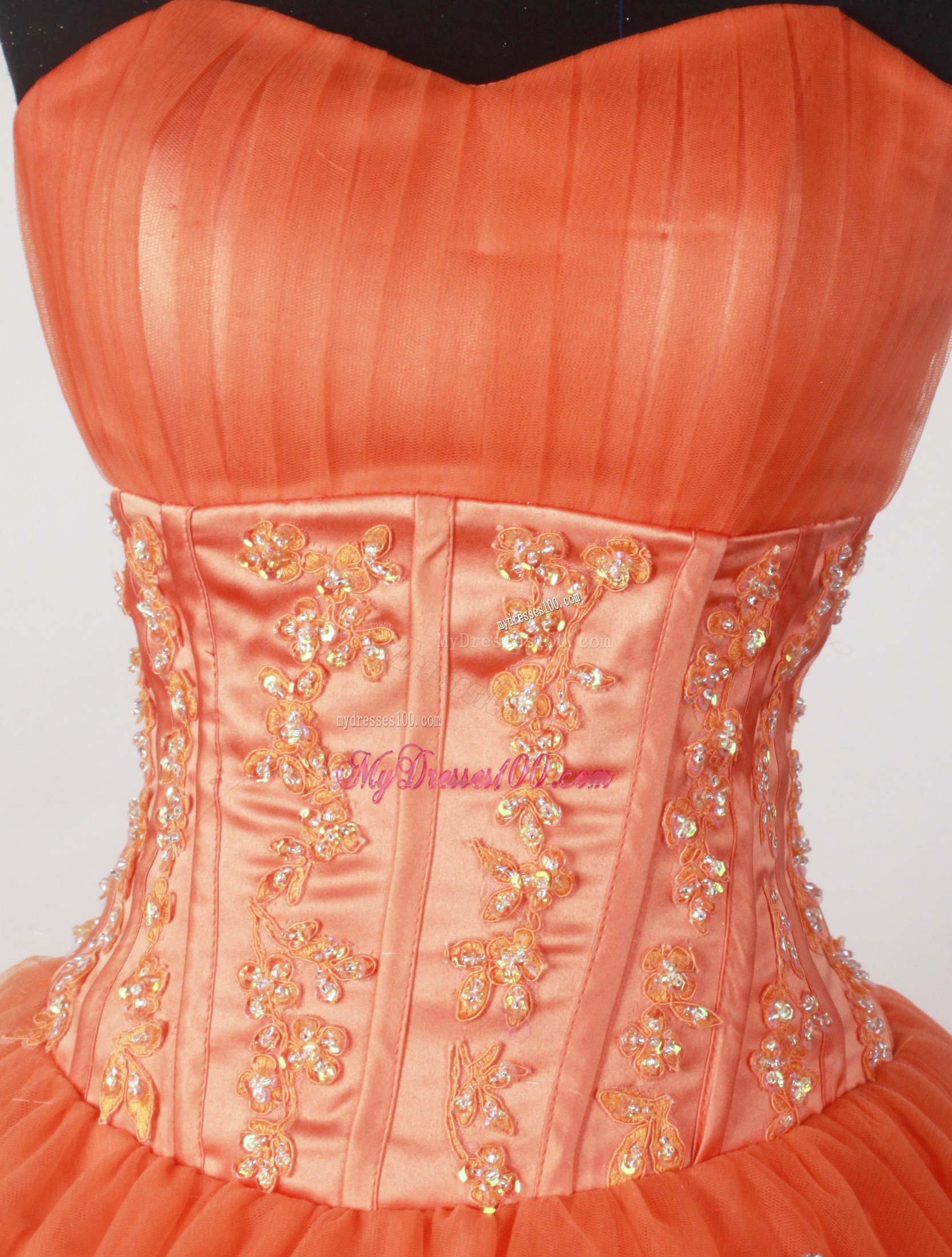 Zipper Up Orange Red Appliques Sweet 15th Birthday Party Dresses
