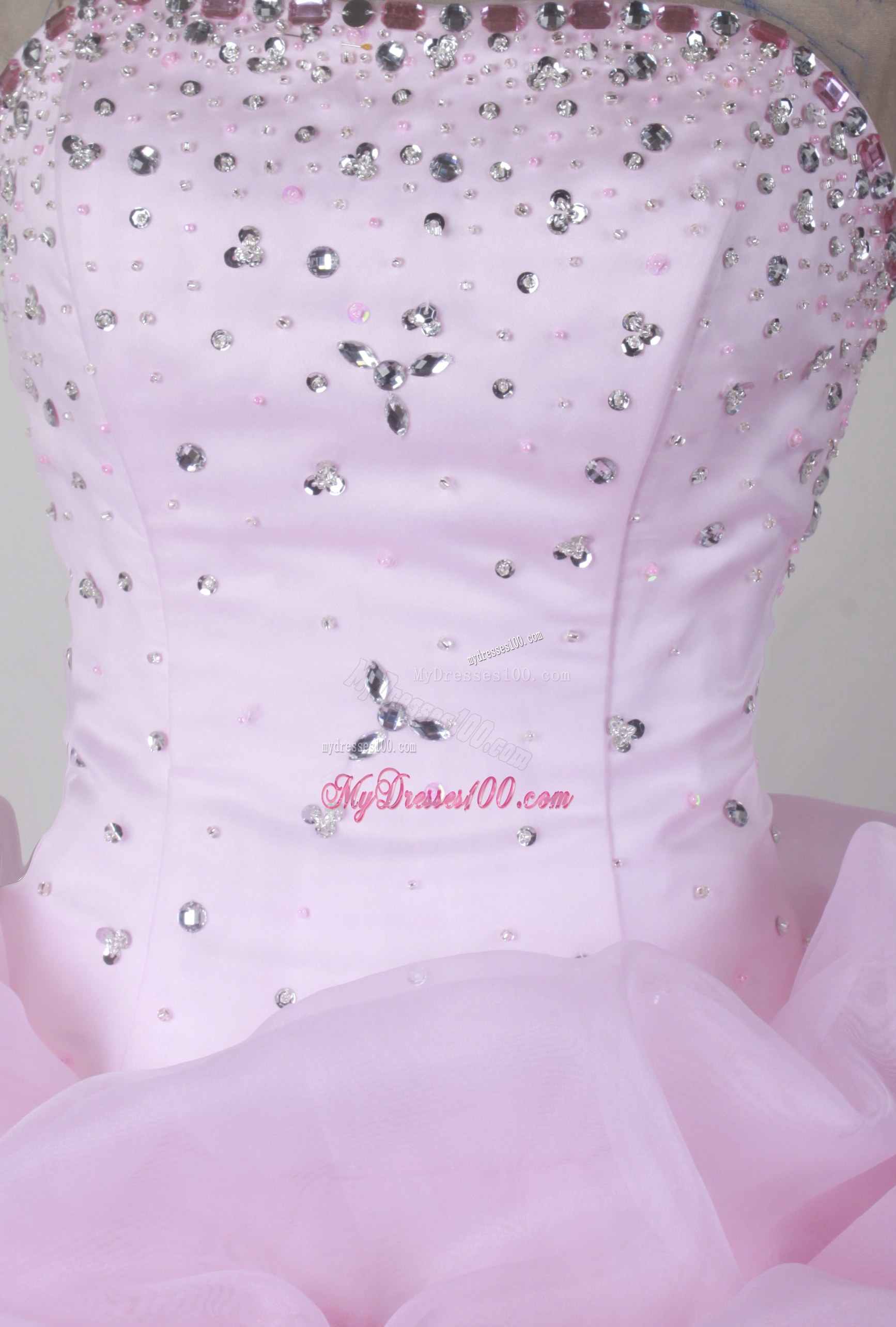 Strapless Beaded Baby Pink Quinceanera Gown with Pick-ups