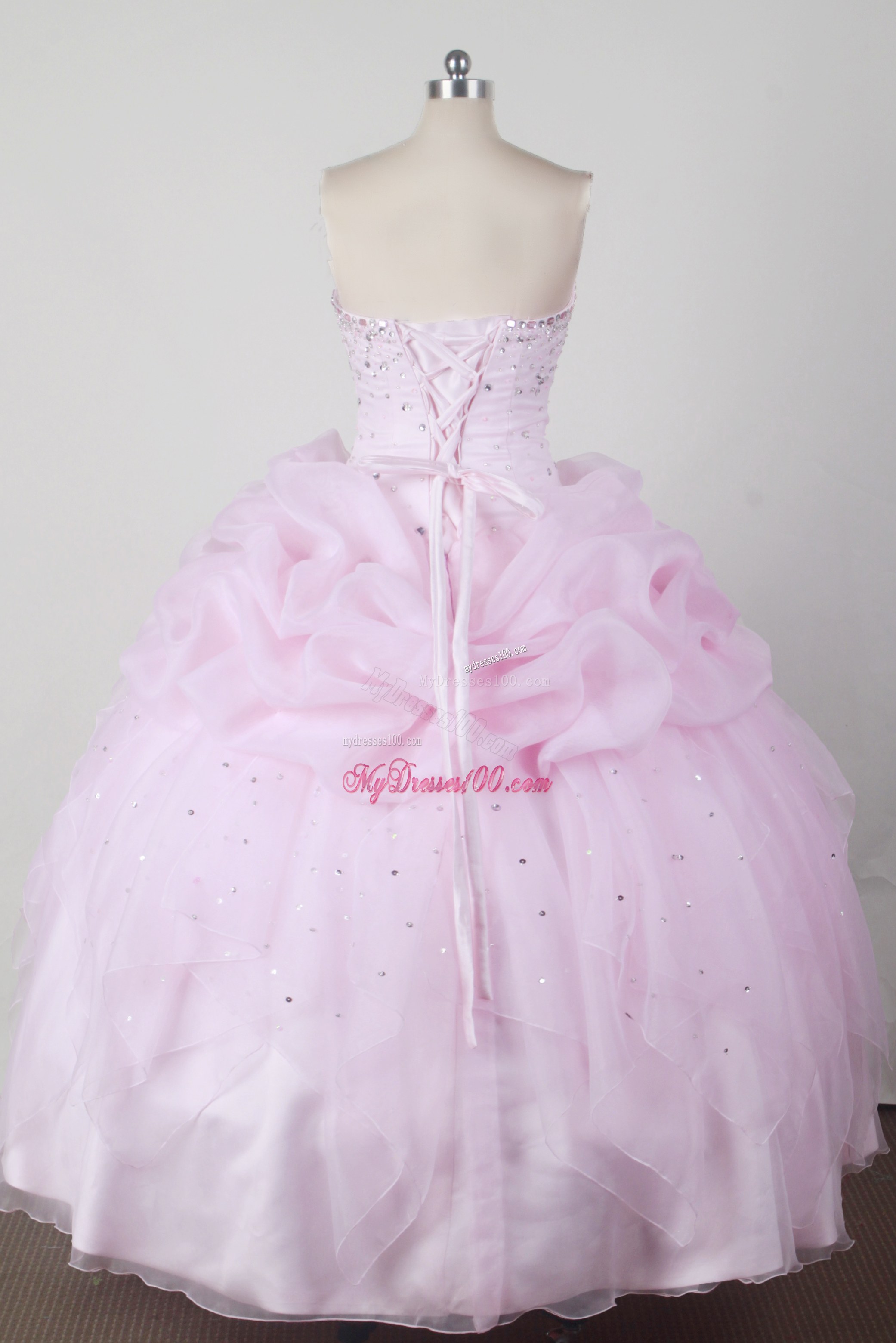 Strapless Beaded Baby Pink Quinceanera Gown with Pick-ups