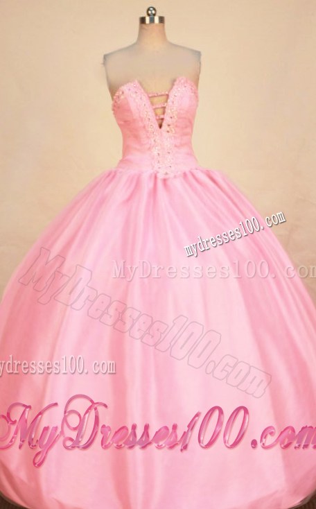 Sweet Beaded Pink Strapless V-neck Floor-length Sixteen Quinceanera Dress