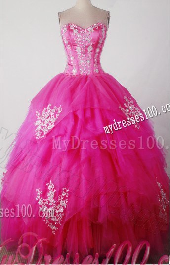 Appliqued Asymmetrical Dress for Quinceanera in Hot Pink