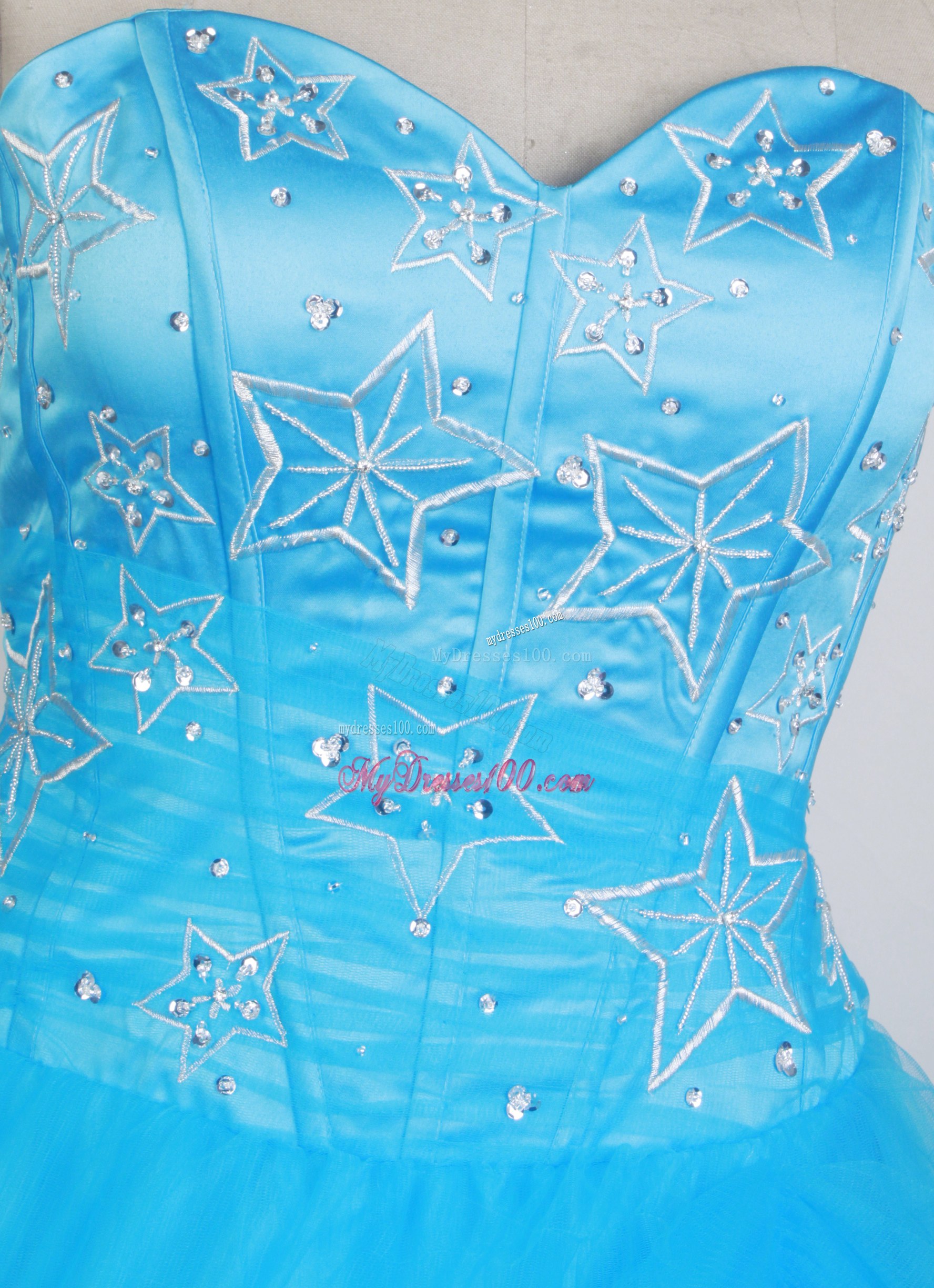 Beading and Star-Like Embroidery Blue Dress for Quincanera