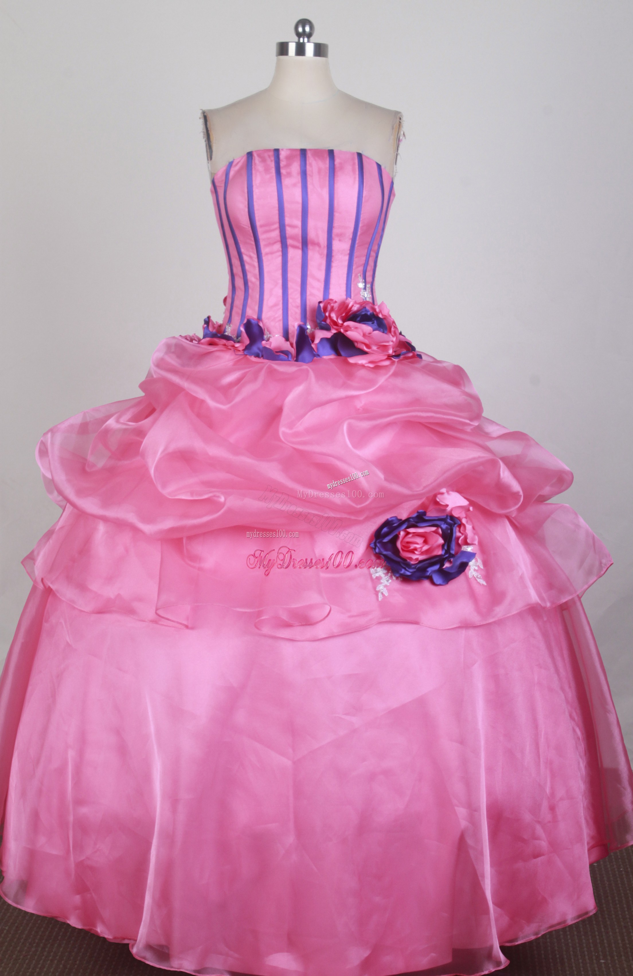 Purple and Hot Pink Ball Gown Flowery Dress for Quinceanera