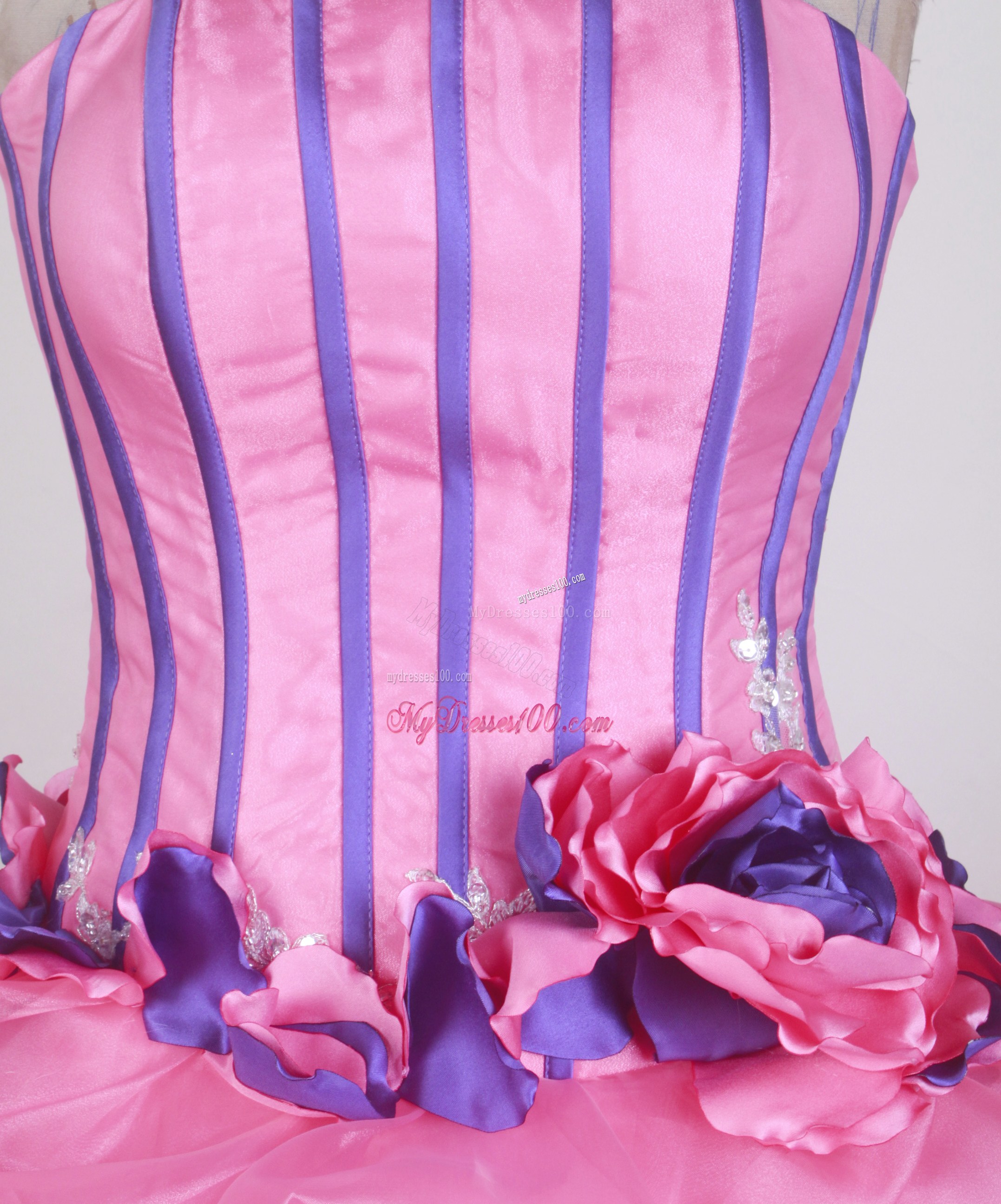 Purple and Hot Pink Ball Gown Flowery Dress for Quinceanera