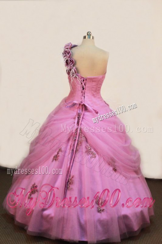 One Shoulder Quinceanera Dress with Appliques and Feather Handle Flowers