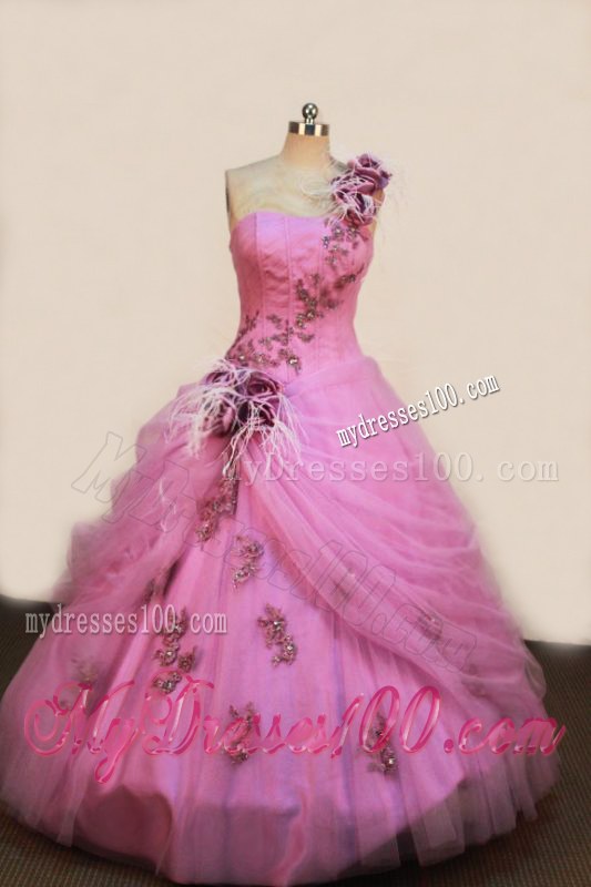 One Shoulder Quinceanera Dress with Appliques and Feather Handle Flowers